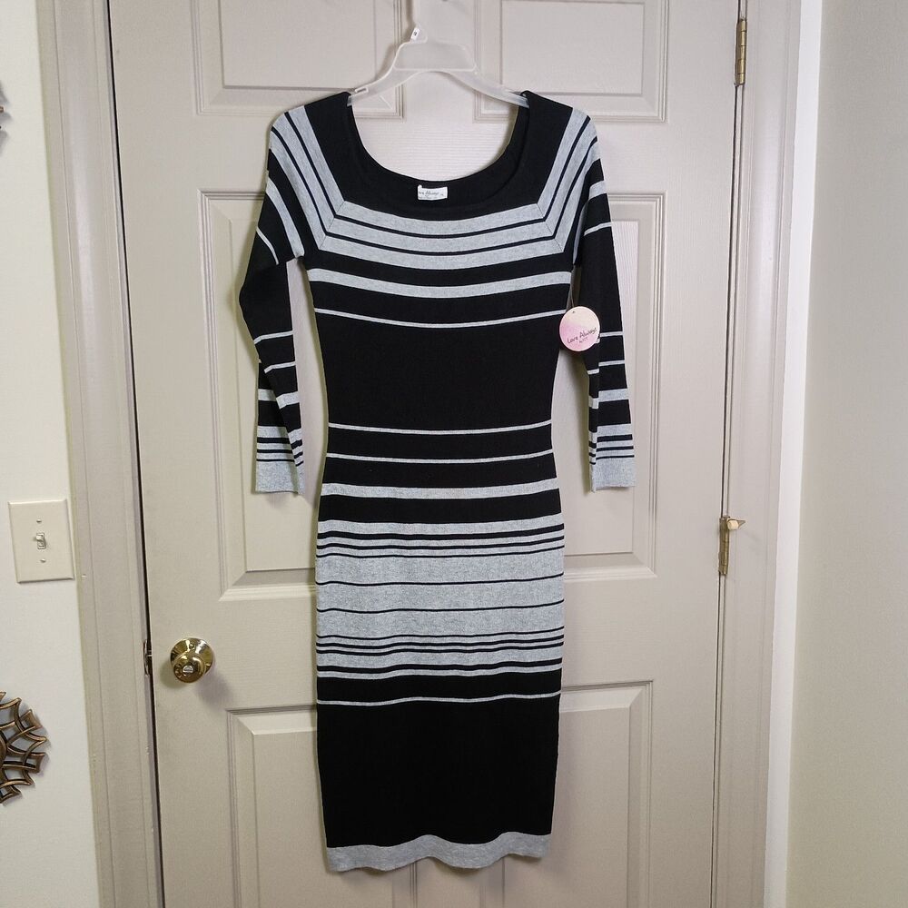 Love Always Sweater Dress 2X Black Gray Striped Midi Boatneck Long Sleeve NWT